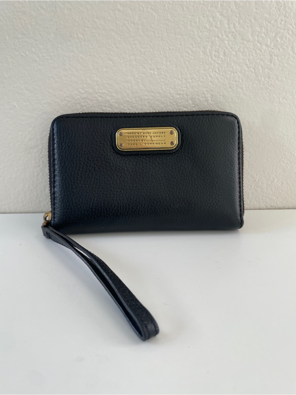 Marc By Marc Jacobs Black Leather Zip Wristlet with Gold Plaque